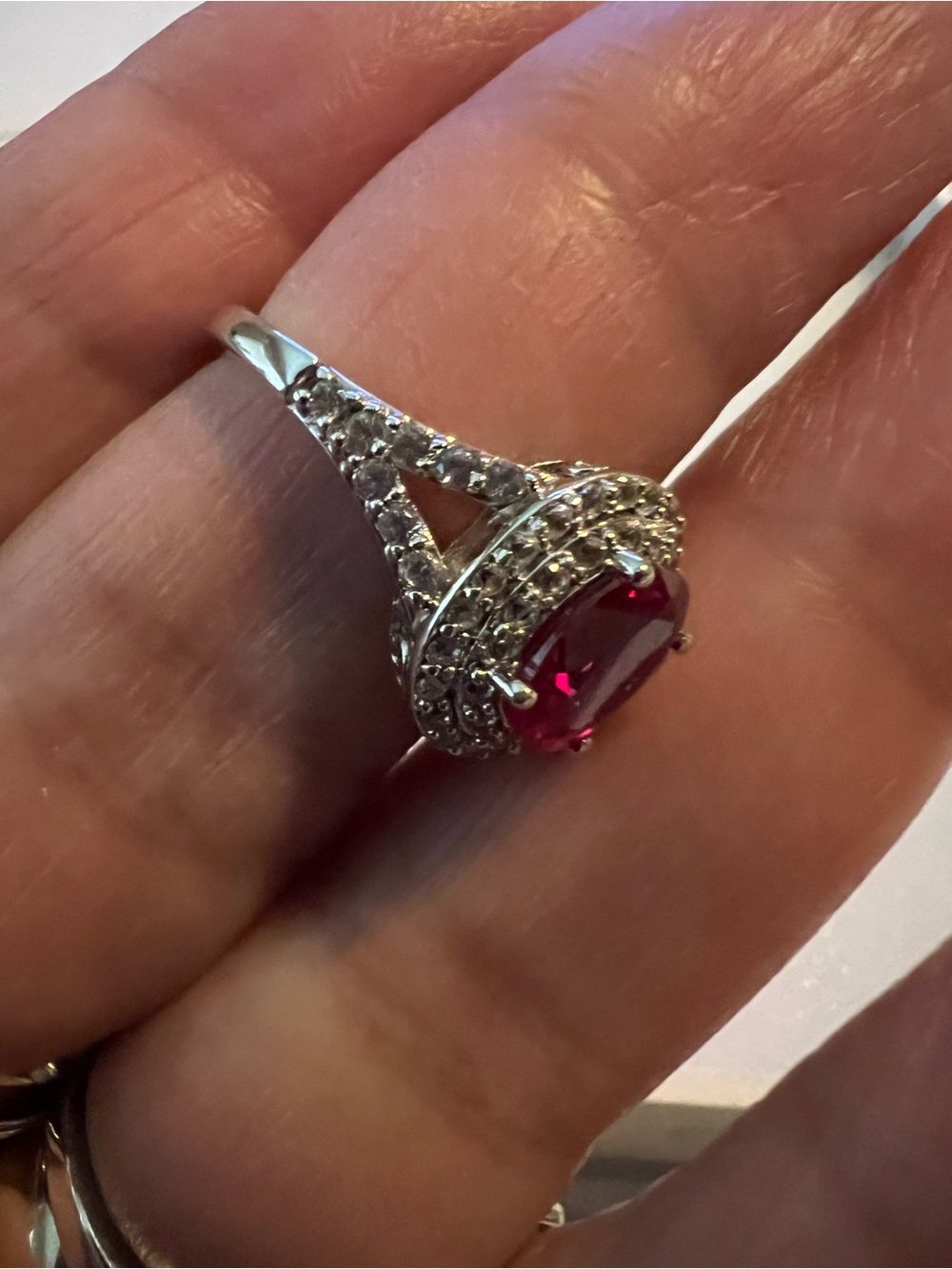Vintage Estate SUN .925 Silver Lab Ruby & Genuine White Sapphire Halo Ring - Picture 5 of 9